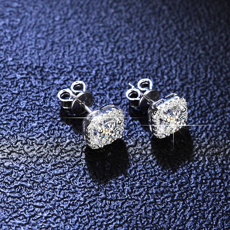 Puces d'oreilles argent 925 moissanite halo carré classique luxe - Solaris bijoux
