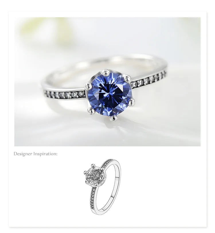 Bague solitaire zircon bleu saphir argent sterling 925 - détail pierre
