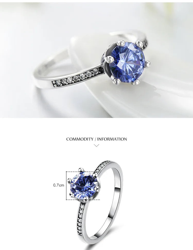 Bague solitaire zircon bleu saphir argent sterling 925 - Mesures détails