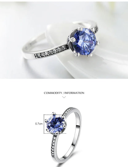 Bague solitaire zircon bleu saphir argent sterling 925 - Mesures détails