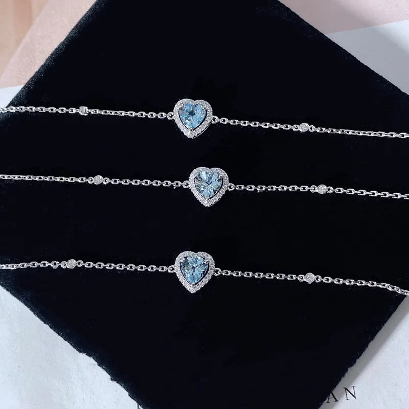 Bracelet argent 925 cœur zircon bleu ciel pavé blanc - vue de face