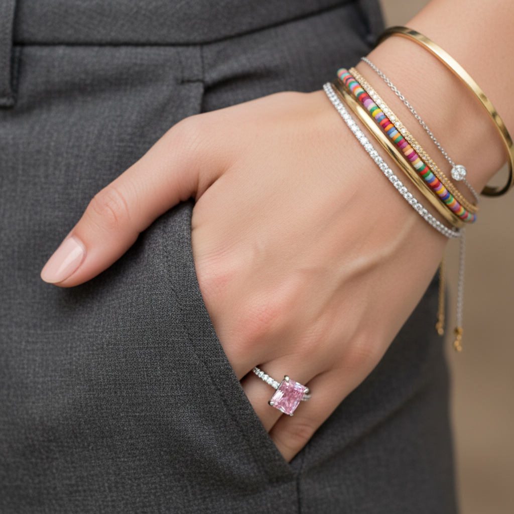 Bague zircon rose rectangulaire pavé blanc argent 925 Bloom - détail pierre rose