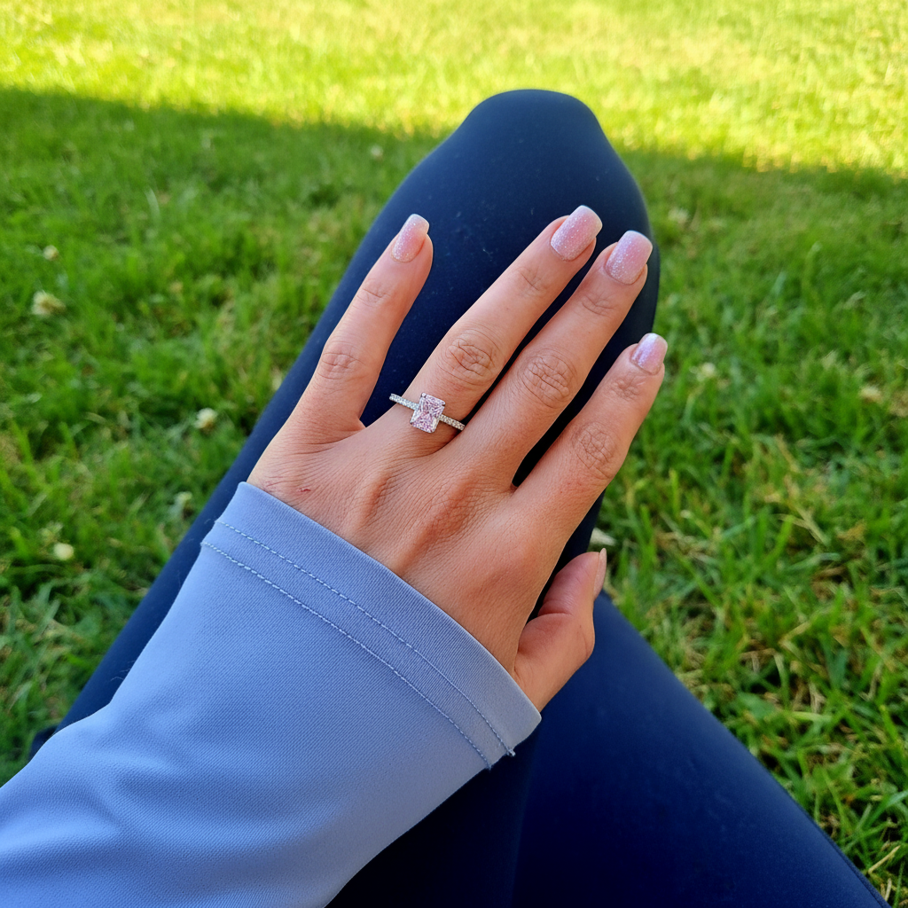 Bague zircon rose rectangulaire pavé blanc argent 925 Bloom - vue latérale