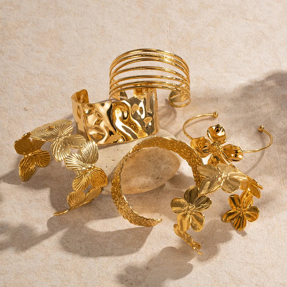 Bracelet Large Effet Martelé Plaqué Or 18K - Acier Inoxydable