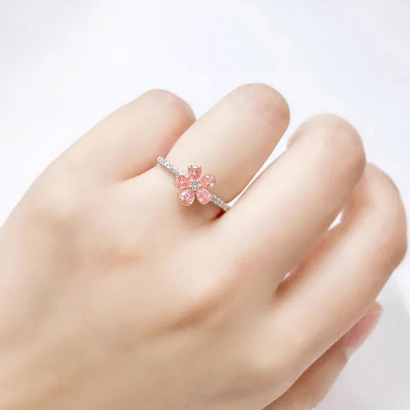 Bague fleur sakura argent 925 zircons - porté