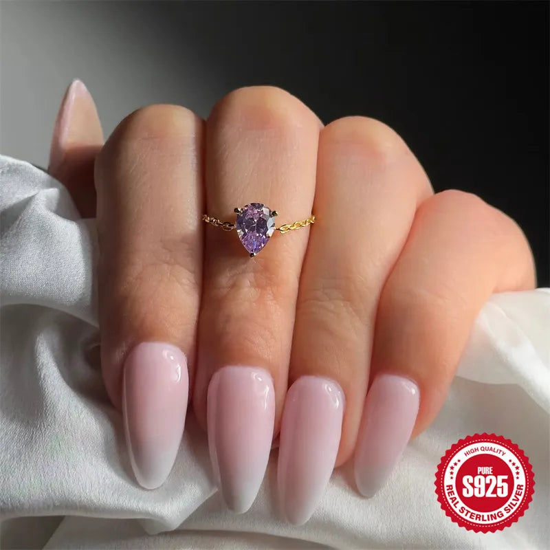 Bague argent 925 doré chaînette zircon violet goutte ajustable - vue de face
