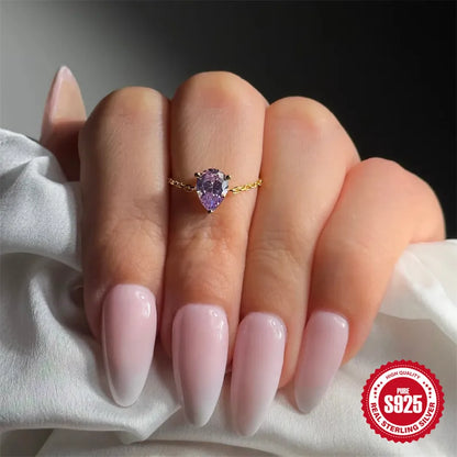 Bague argent 925 doré chaînette zircon violet goutte ajustable - vue de face

