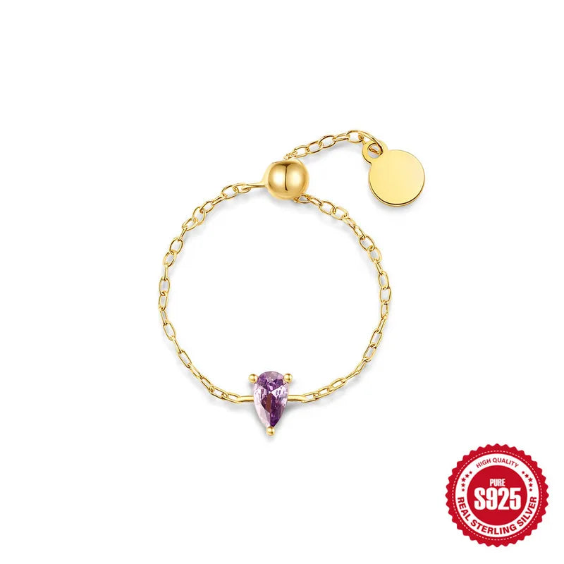 Bague argent 925 doré chaînette zircon violet goutte ajustable - 
