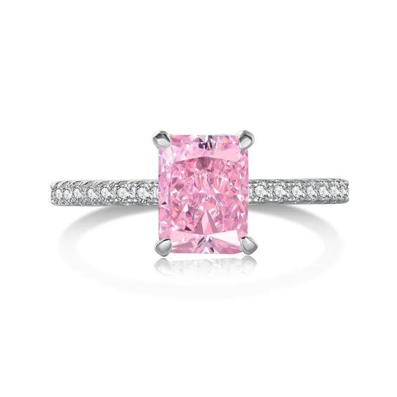 Bague zircon rose rectangulaire pavé blanc argent 925 Bloom - vue de face