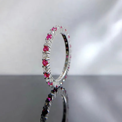 Bague anneau zircons colorés argent 925 - vue latérale Rose fushia
