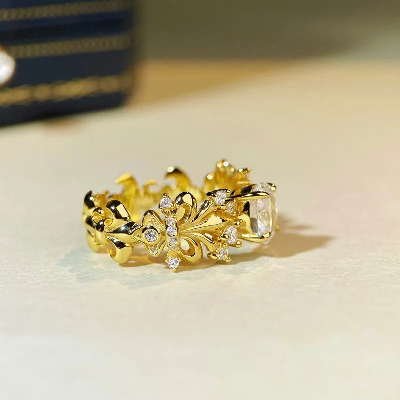 Bague argent 925 plaqué or 18k fleur de lys 1ct luxe - vue latérale
