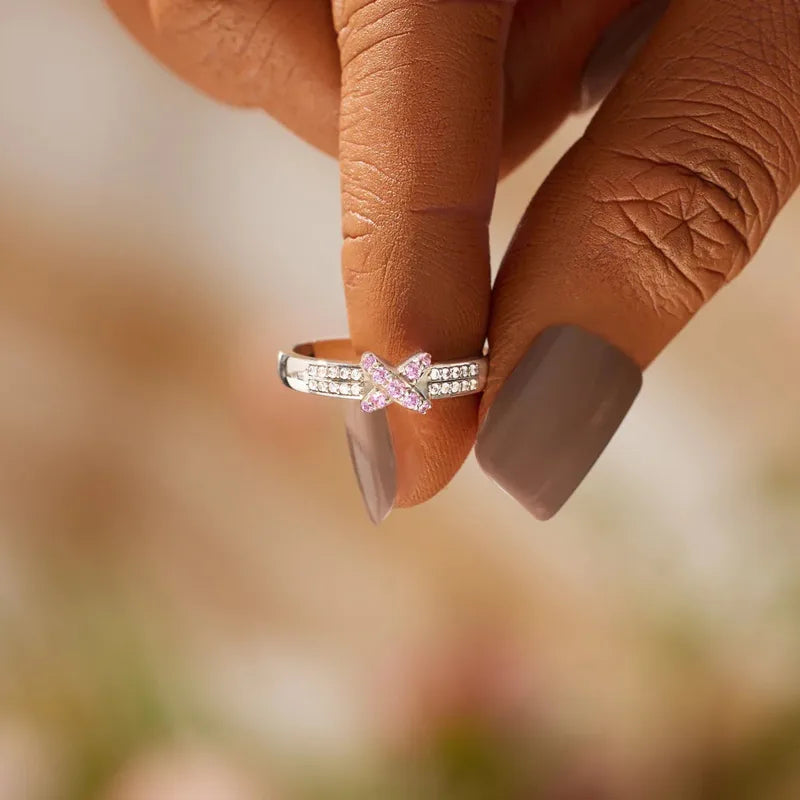 Bague croisée zircons rose blanc argent 925 élégante - portée main
