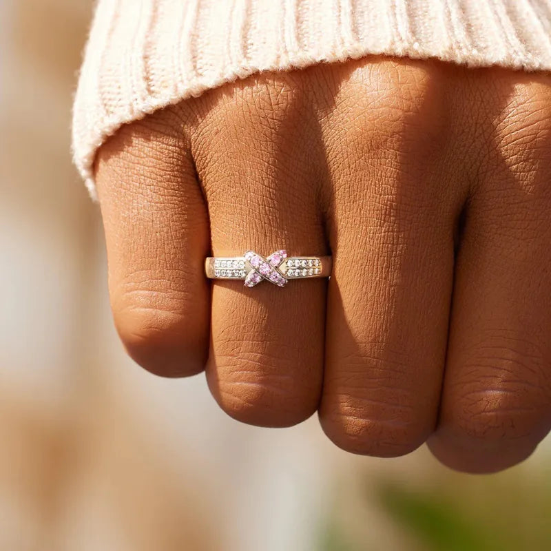 Bague croisée zircons rose blanc argent 925 élégante - détail pierres
