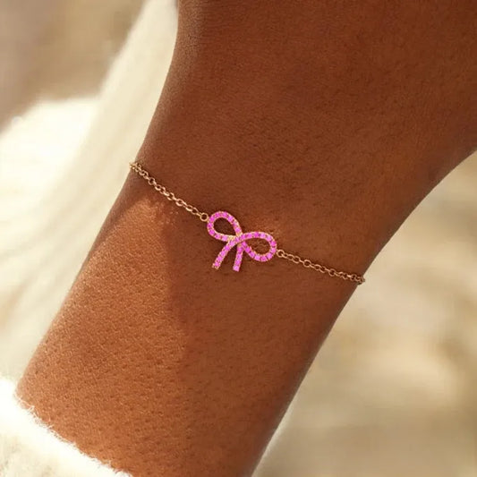 Bracelet argent 925 nœud rose cristaux délicat féminin - vue de face
