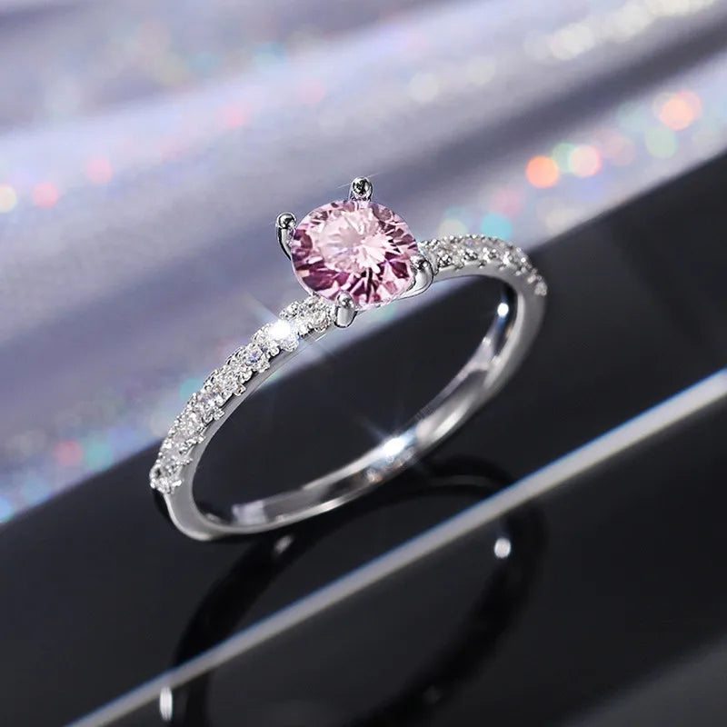 Bague solitaire zircon rose acier inoxydable argenté - vue de face
