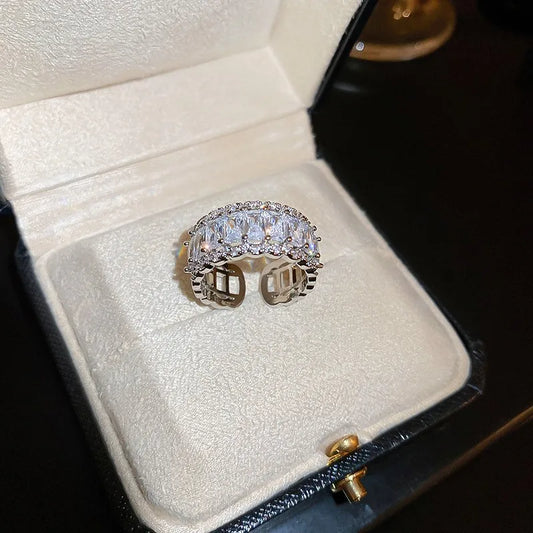 Bague pavé zircons ajustable acier inoxydable argenté - éclat brillant
