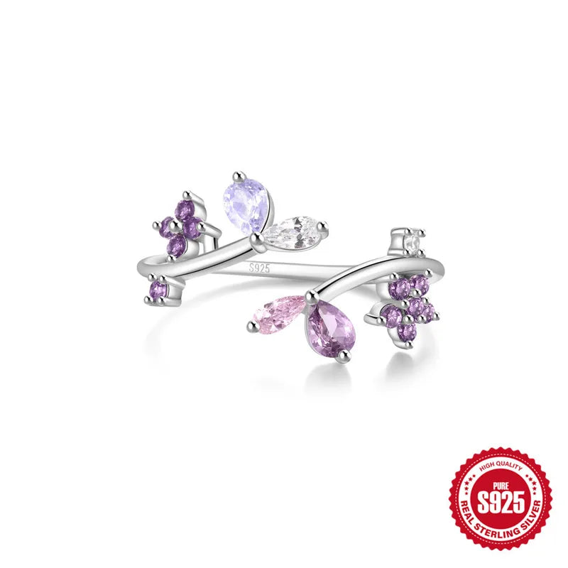 Bague branche florale argent s925 cristaux violets - détail cristaux
