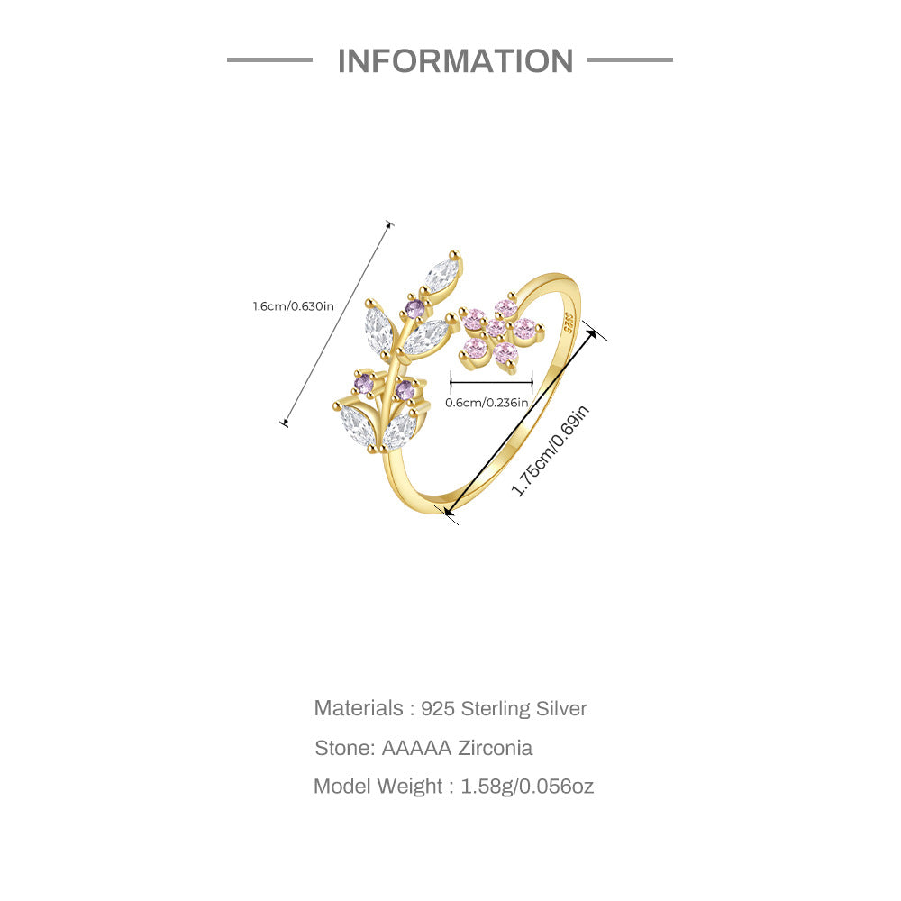 Bague argent 925 plaqué or florale ajustable feuilles fleurs -Mesures
