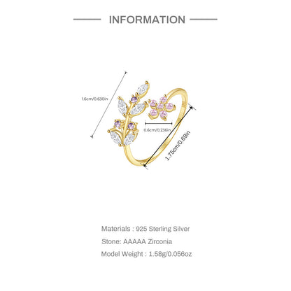 Bague argent 925 plaqué or florale ajustable feuilles fleurs -Mesures
