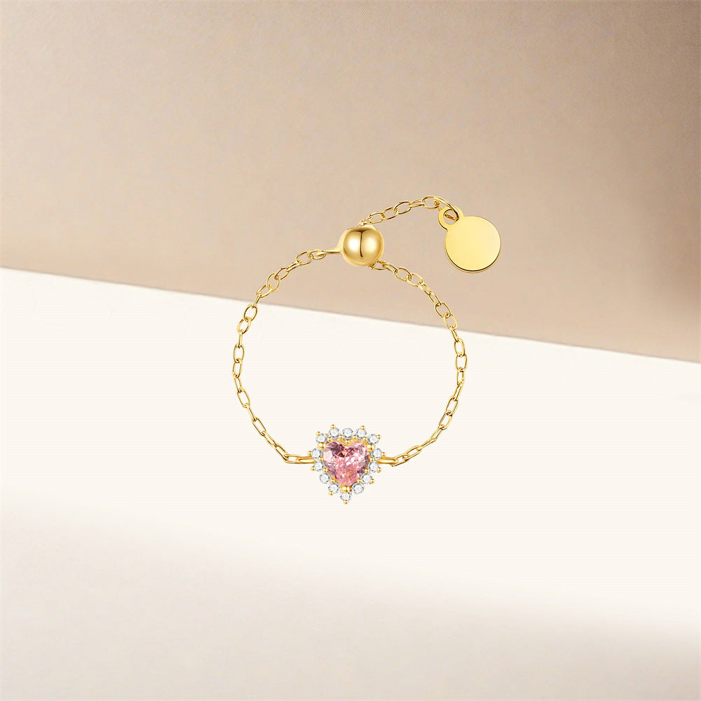 Bague argent 925 chaînette cœur rose cristaux ajustable - vue de face
