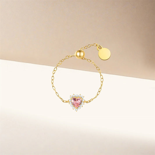 Bague argent 925 chaînette cœur rose cristaux ajustable - vue de face
