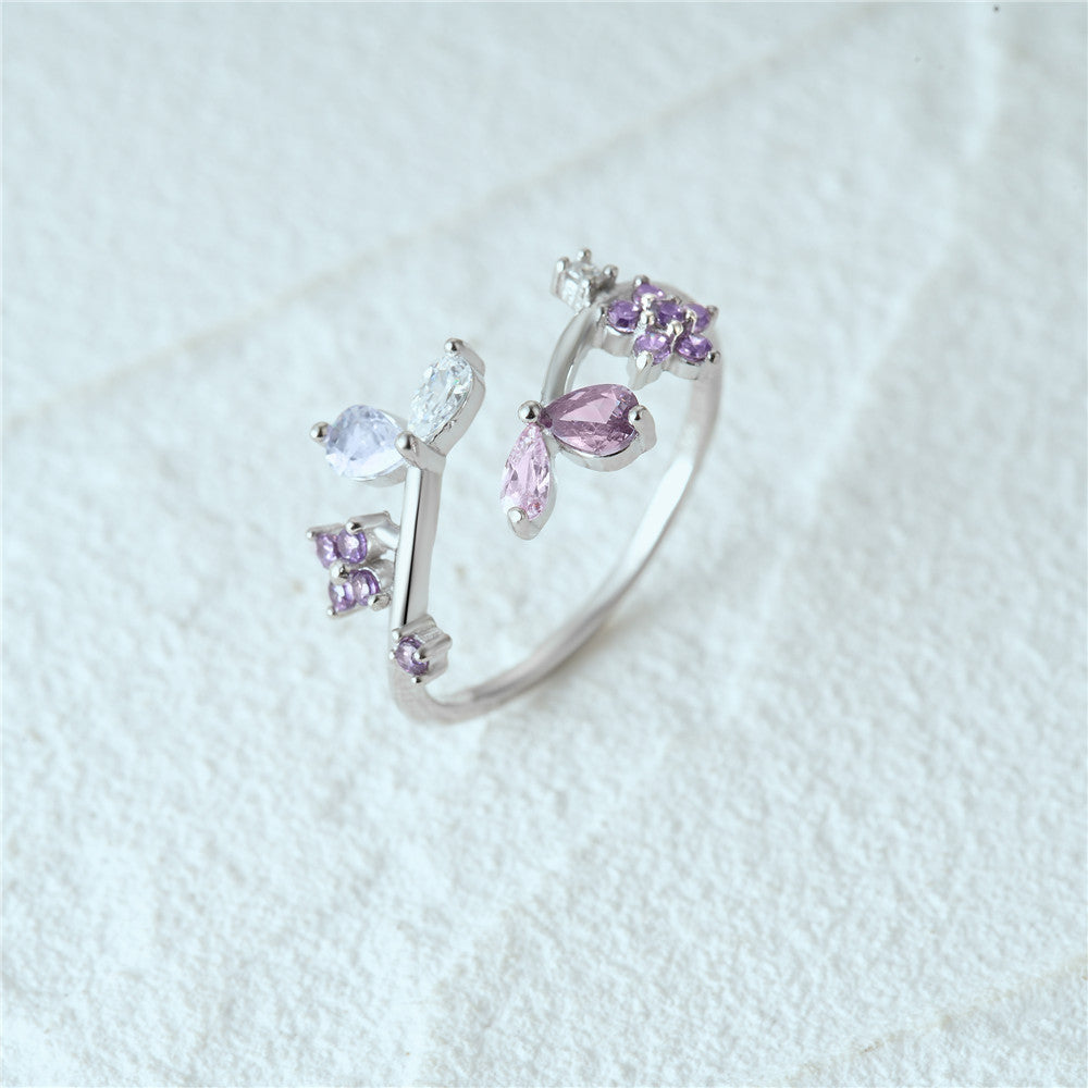 Bague branche florale argent s925 cristaux violets - détail branche
