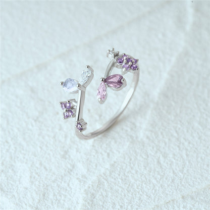 Bague branche florale argent s925 cristaux violets - détail branche
