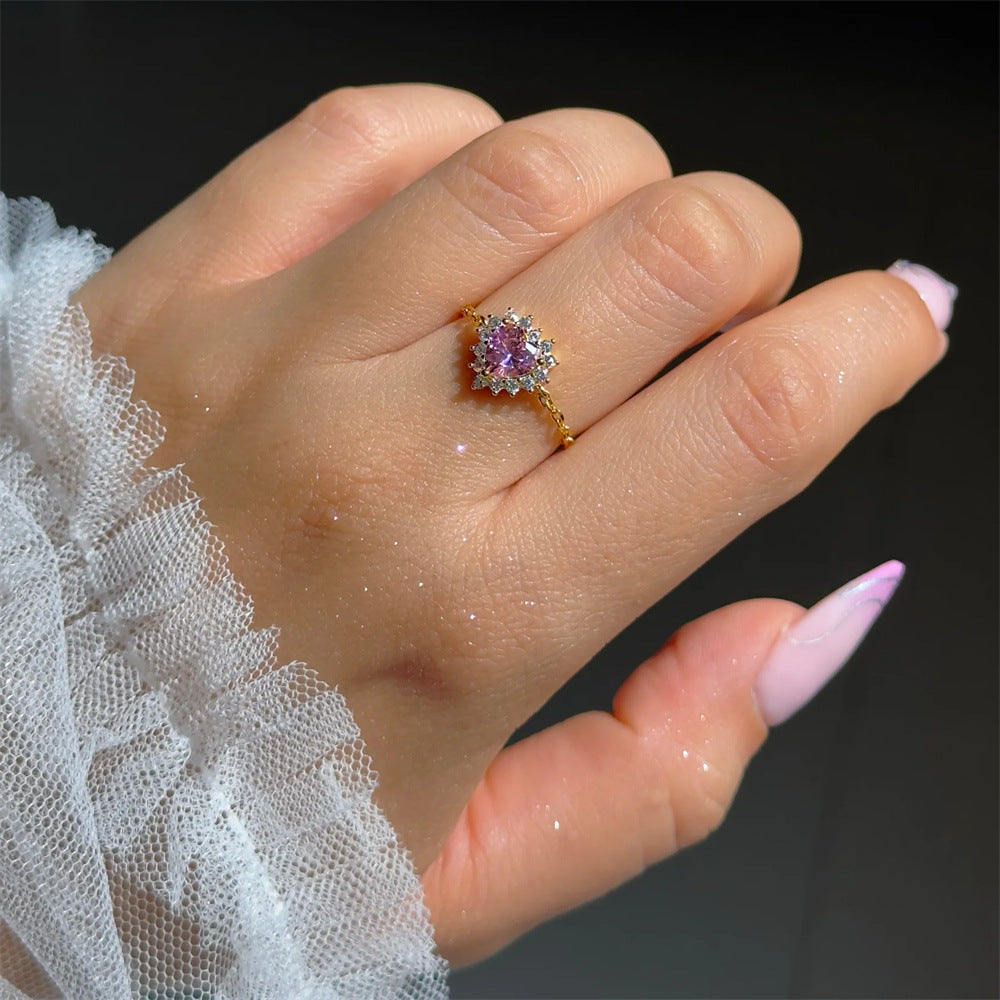Bague argent 925 chaînette cœur rose cristaux ajustable - détail cœur
