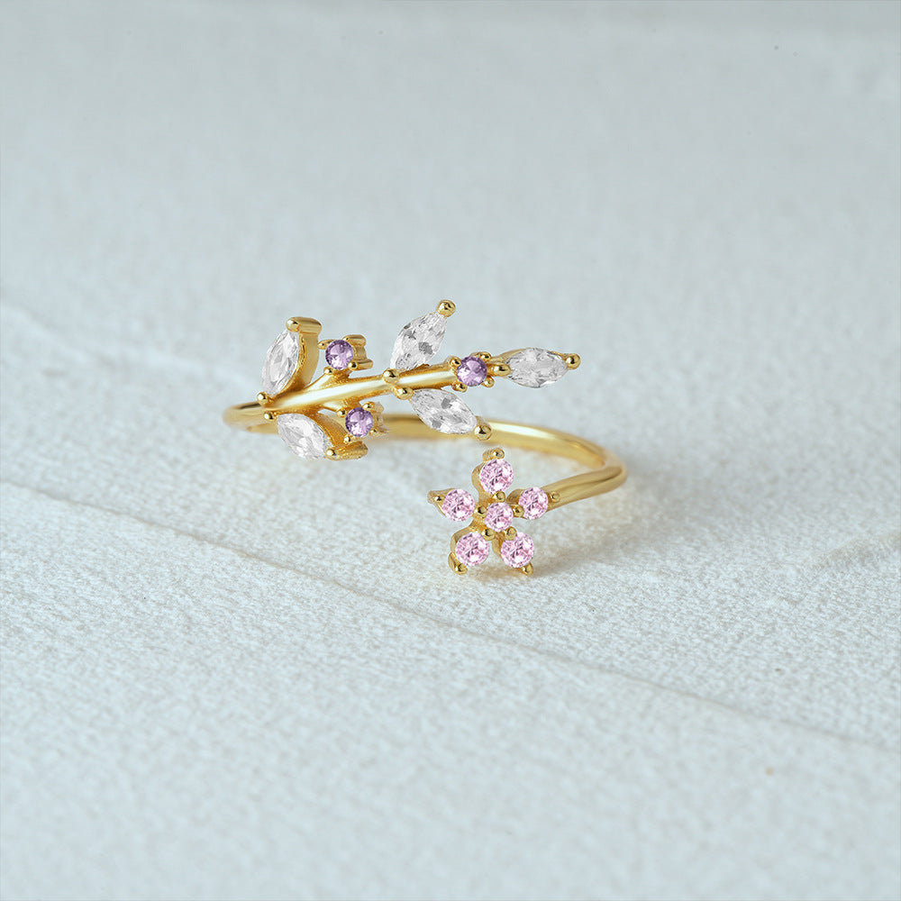 Bague argent 925 plaqué or florale ajustable feuilles fleurs - vue latérale
