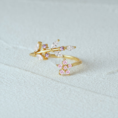 Bague argent 925 plaqué or florale ajustable feuilles fleurs - vue latérale
