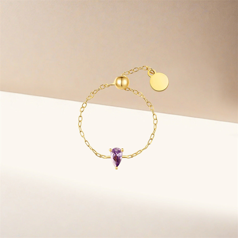 Bague argent 925 doré chaînette zircon violet goutte ajustable - détail pierre
