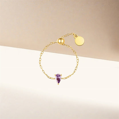 Bague argent 925 doré chaînette zircon violet goutte ajustable - détail pierre
