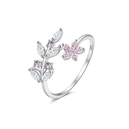 Bague argent 925 florale ajustable feuilles fleurs roses - vue de face
