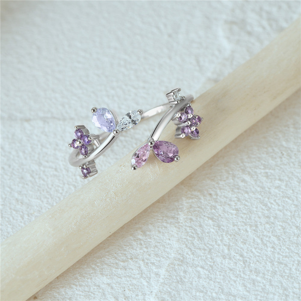 Bague branche florale argent s925 cristaux violets - 