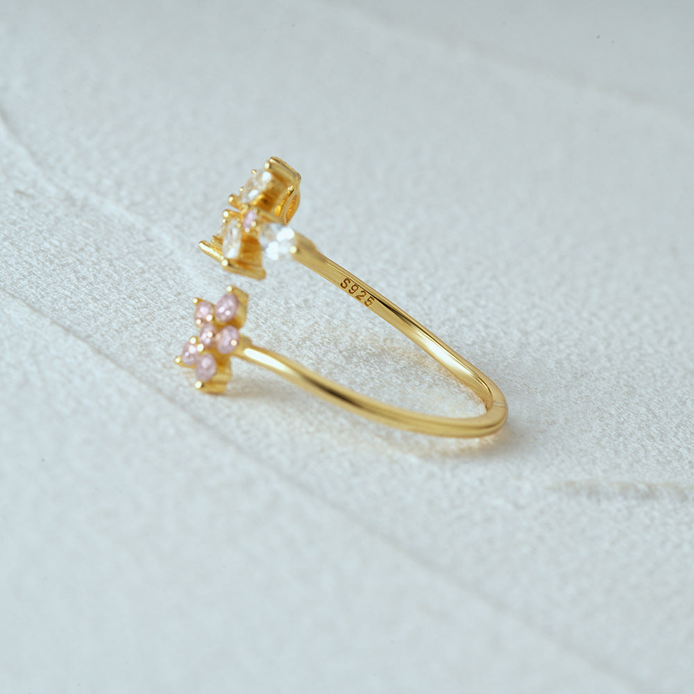 Bague argent 925 plaqué or florale ajustable feuilles fleurs - détail feuillage
