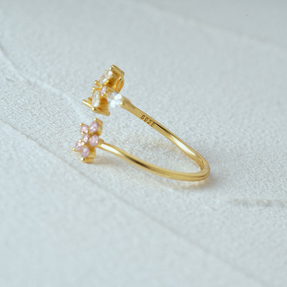 Bague argent 925 plaqué or florale ajustable feuilles fleurs - détail feuillage
