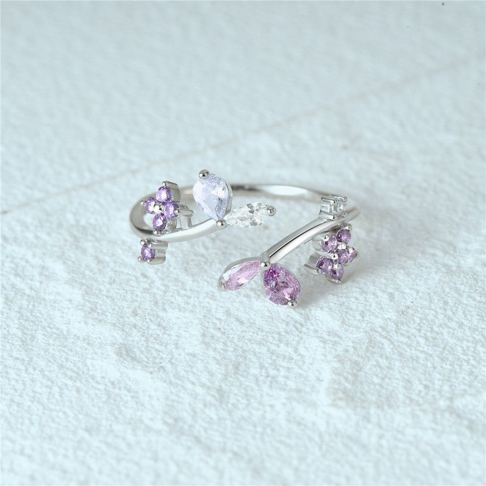 Bague branche florale argent s925 cristaux violets - vue latérale
