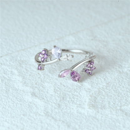 Bague branche florale argent s925 cristaux violets - vue latérale
