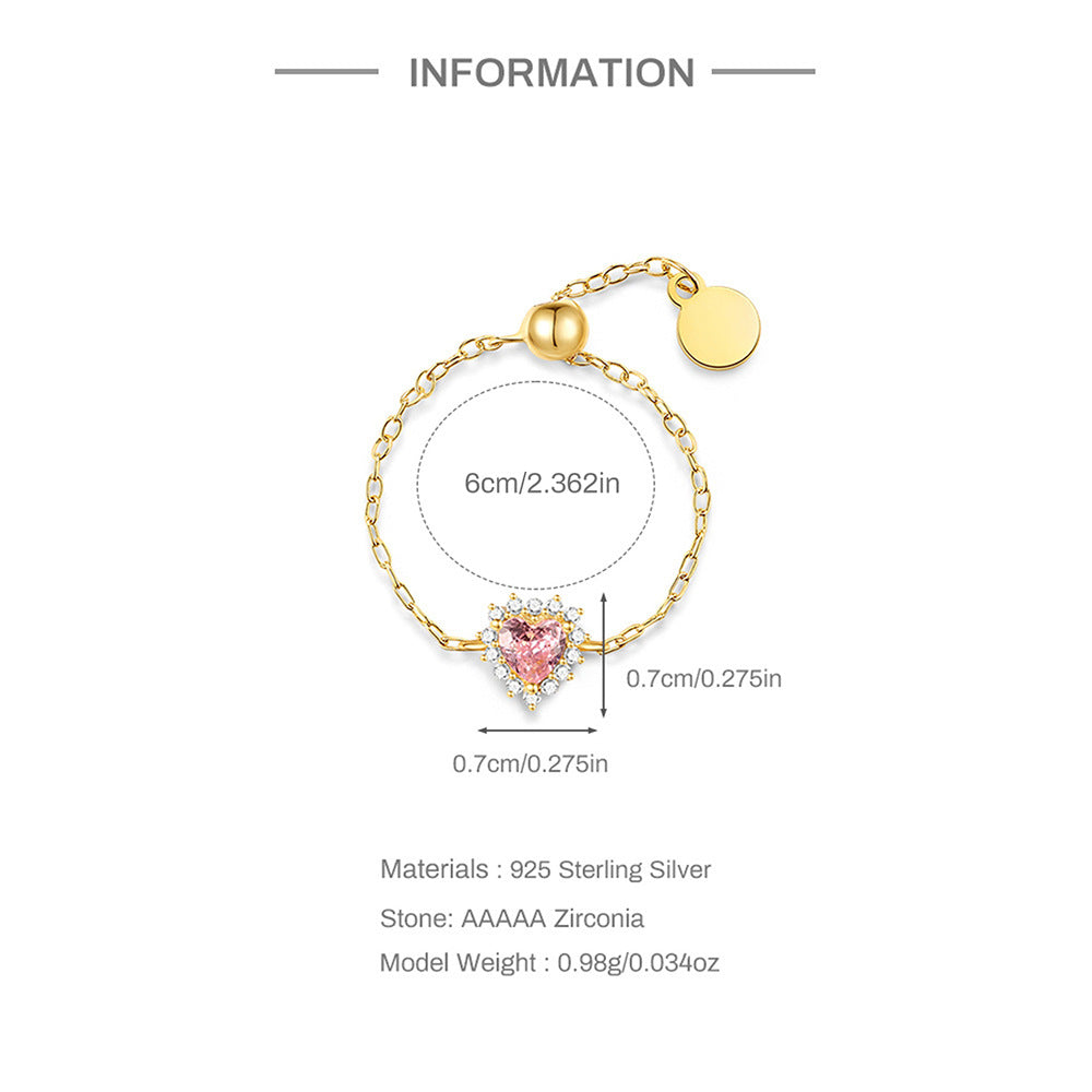 Bague argent 925 chaînette cœur rose cristaux ajustable - Mesures 
