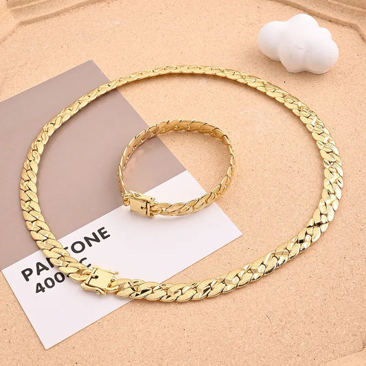 Ensemble collier bracelet acier plaqué or 18k chaîne cubaine - vue complète
