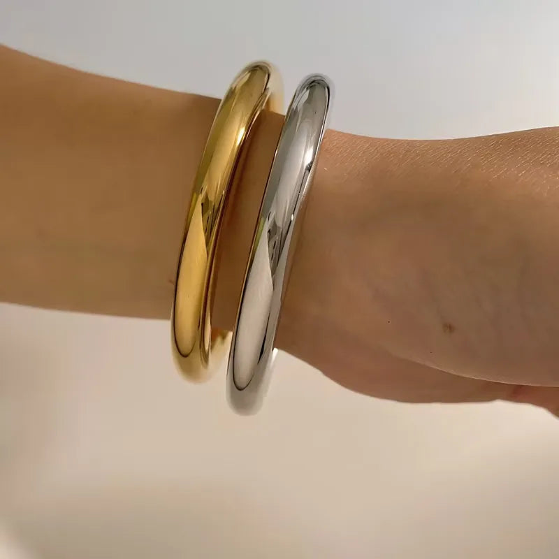 Lot 2 bracelets joncs doré argenté acier inoxydable - vue latérale
